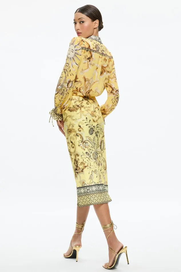 Alice Olivia Maeve Midi Slip Skirt With Slit Lisboa Lemon Meringue Women Skirts