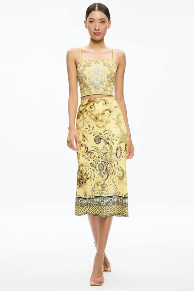 Alice Olivia Maeve Midi Slip Skirt With Slit Lisboa Lemon Meringue Women Skirts