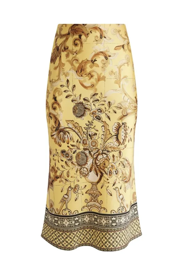 Alice Olivia Maeve Midi Slip Skirt With Slit Lisboa Lemon Meringue Women Skirts