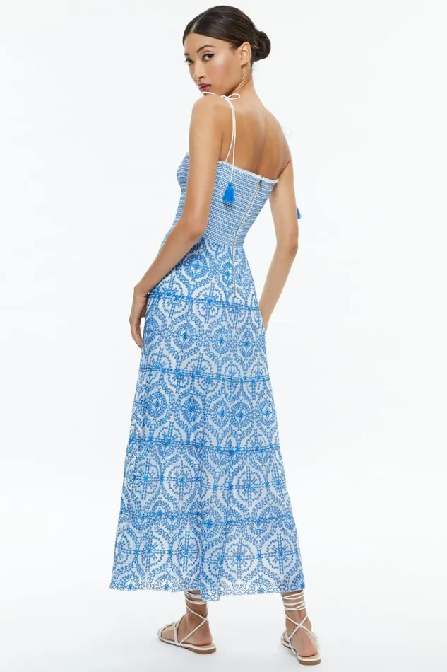 Alice Olivia Marna Tiered Midi Tie Strap Dress Off Whitefrench Blue Women Dresses