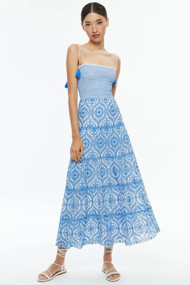 Alice Olivia Marna Tiered Midi Tie Strap Dress Off Whitefrench Blue Women Dresses