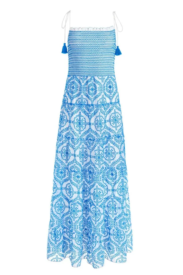 Alice Olivia Marna Tiered Midi Tie Strap Dress Off Whitefrench Blue Women Dresses
