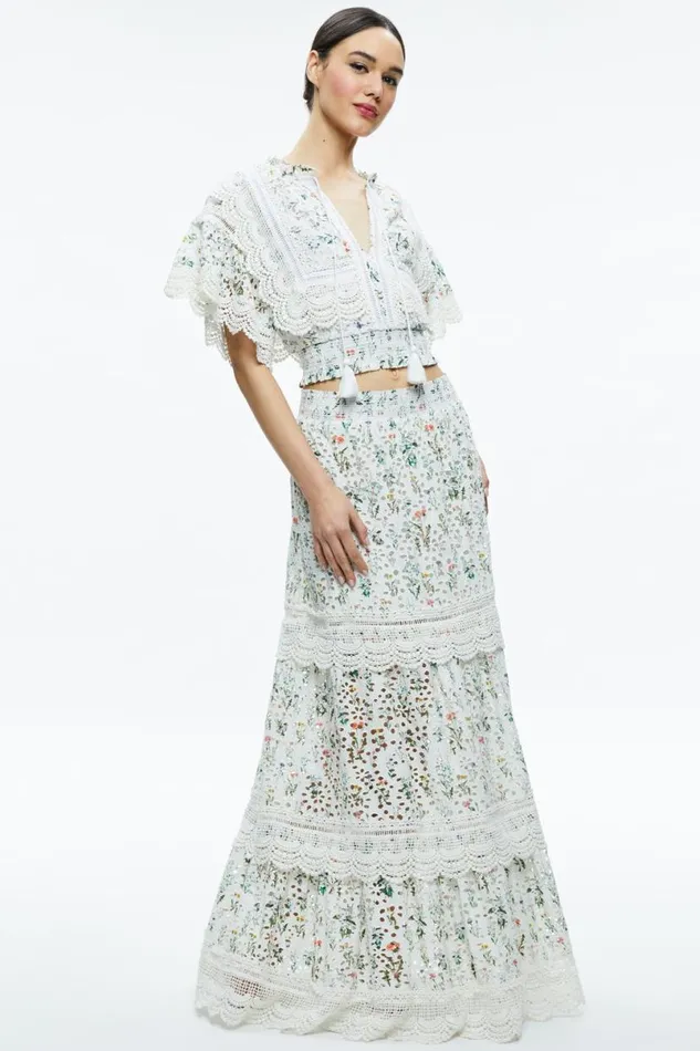 Alice Olivia Reise Embroidered Tiered Maxi Skirt Georgia Floral Women Skirts
