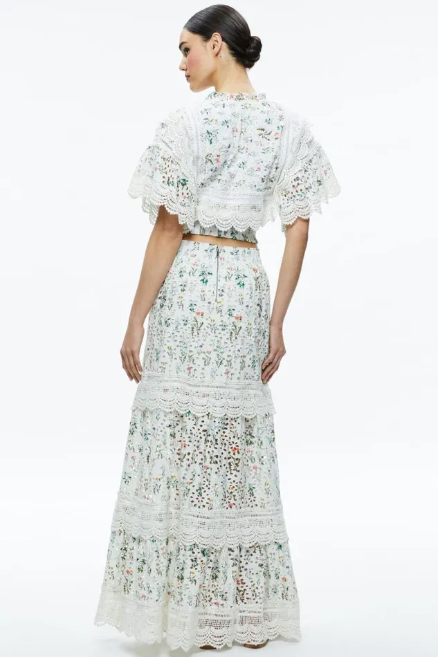 Alice Olivia Reise Embroidered Tiered Maxi Skirt Georgia Floral Women Skirts