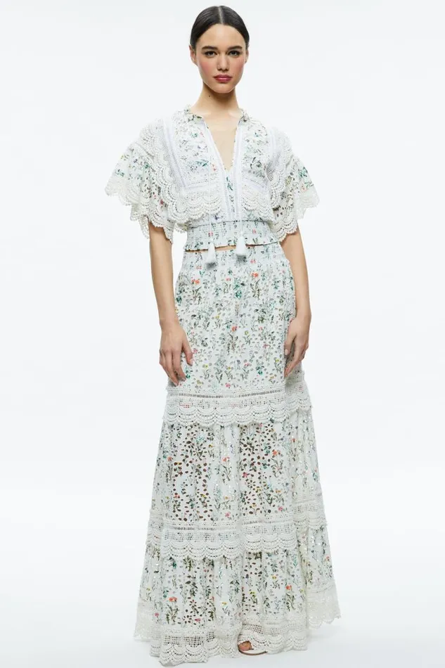 Alice Olivia Reise Embroidered Tiered Maxi Skirt Georgia Floral Women Skirts