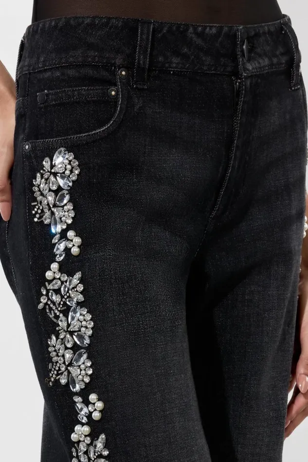 Alice Olivia Roxie Embellished Jean Georgia Vintage Black Women Pants