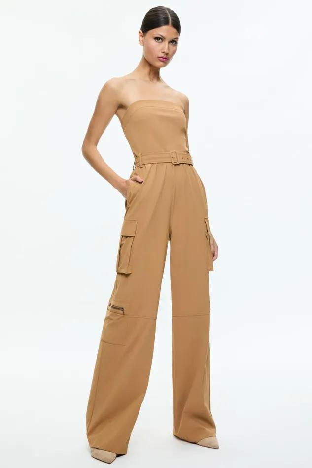 Alice Olivia Sachiko Strapless Cargo Jumpsuit Tan Women Jumpsuits