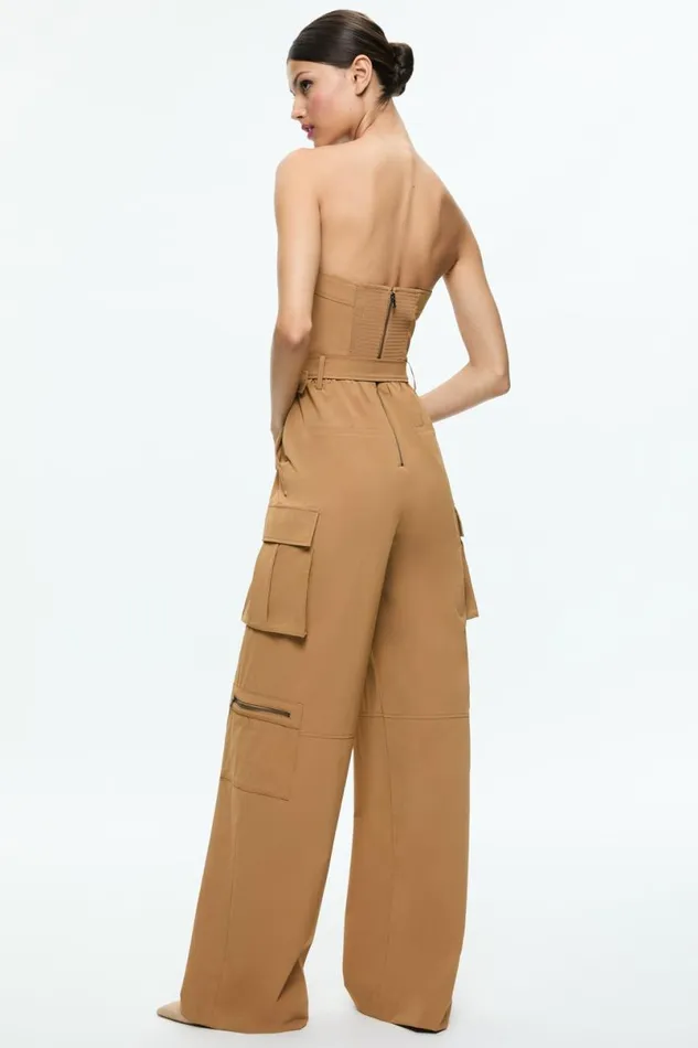 Alice Olivia Sachiko Strapless Cargo Jumpsuit Tan Women Jumpsuits