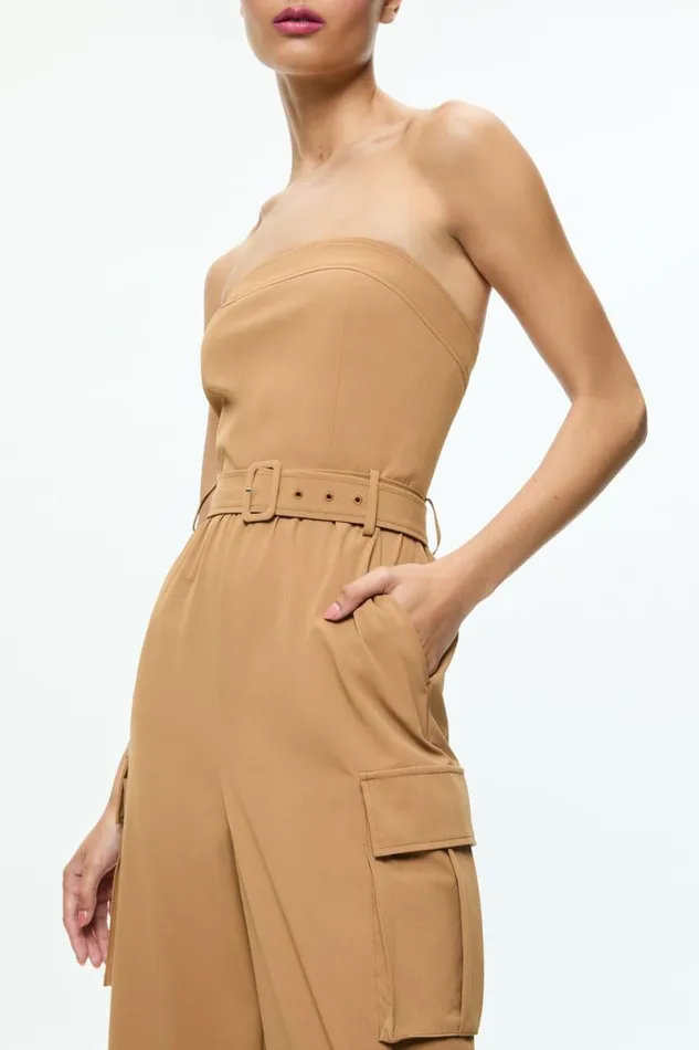 Alice Olivia Sachiko Strapless Cargo Jumpsuit Tan Women Jumpsuits