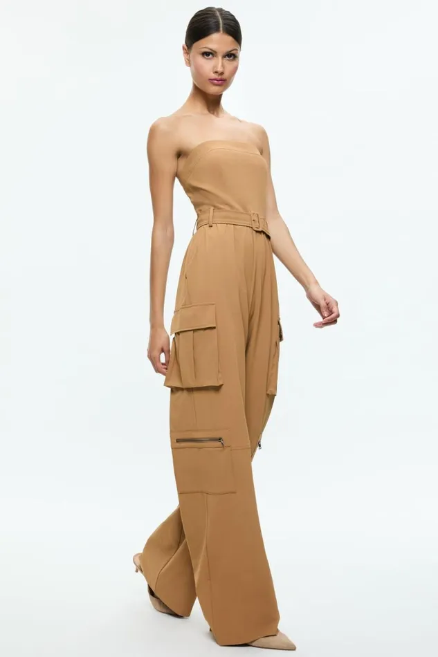 Alice Olivia Sachiko Strapless Cargo Jumpsuit Tan Women Jumpsuits