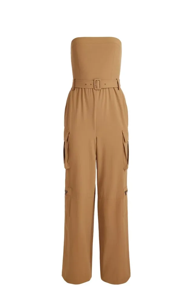 Alice Olivia Sachiko Strapless Cargo Jumpsuit Tan Women Jumpsuits