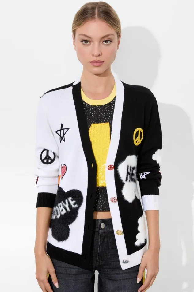 Alice Olivia The Beatles Bradford Cardigan Soft Whiteblack Multi Women Sweaters