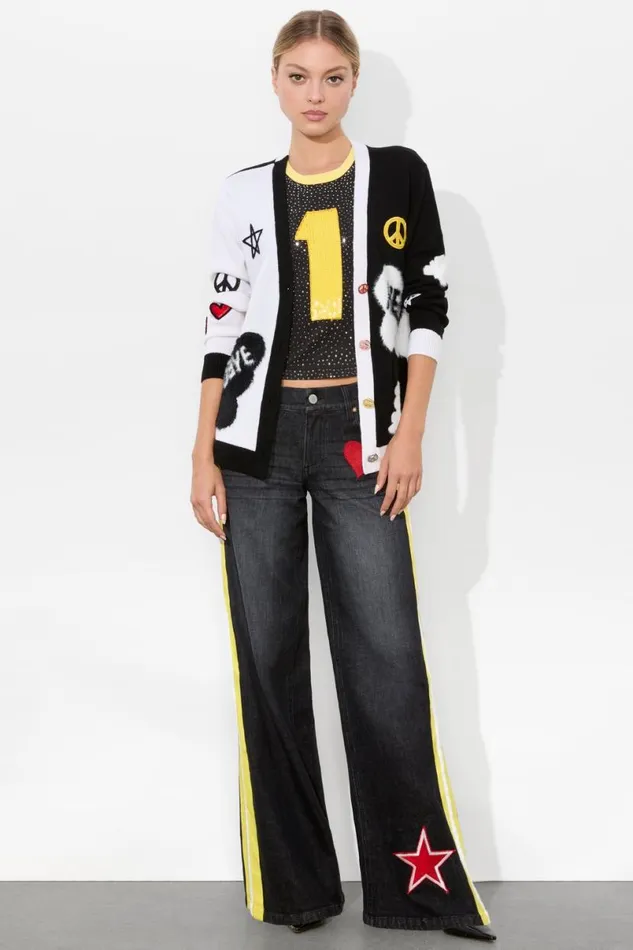 Alice Olivia The Beatles Bradford Cardigan Soft Whiteblack Multi Women Sweaters