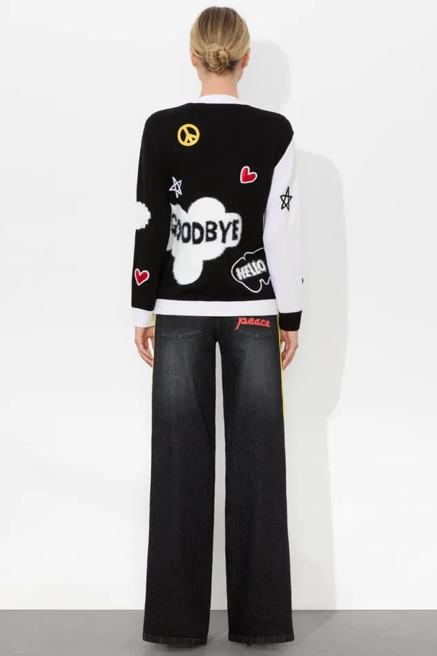 Alice Olivia The Beatles Bradford Cardigan Soft Whiteblack Multi Women Sweaters
