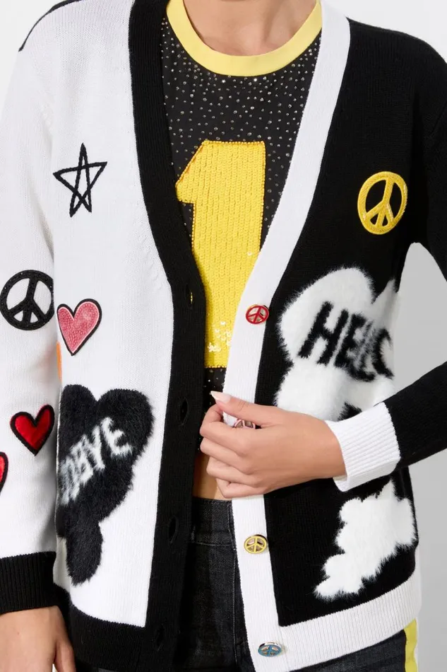 Alice Olivia The Beatles Bradford Cardigan Soft Whiteblack Multi Women Sweaters