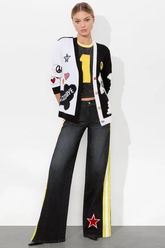Alice Olivia The Beatles Bradford Cardigan Soft Whiteblack Multi Women Sweaters