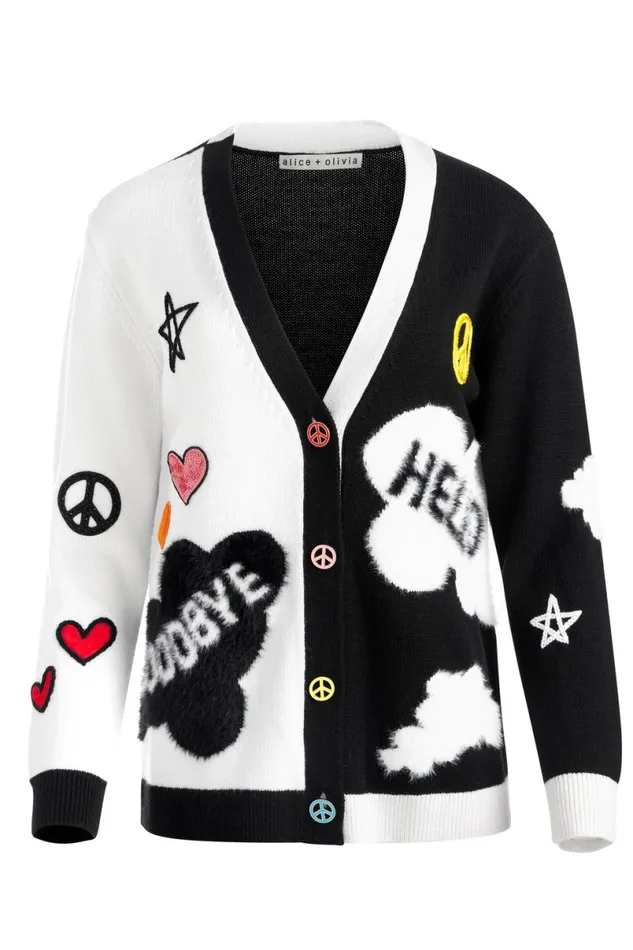 Alice Olivia The Beatles Bradford Cardigan Soft Whiteblack Multi Women Sweaters