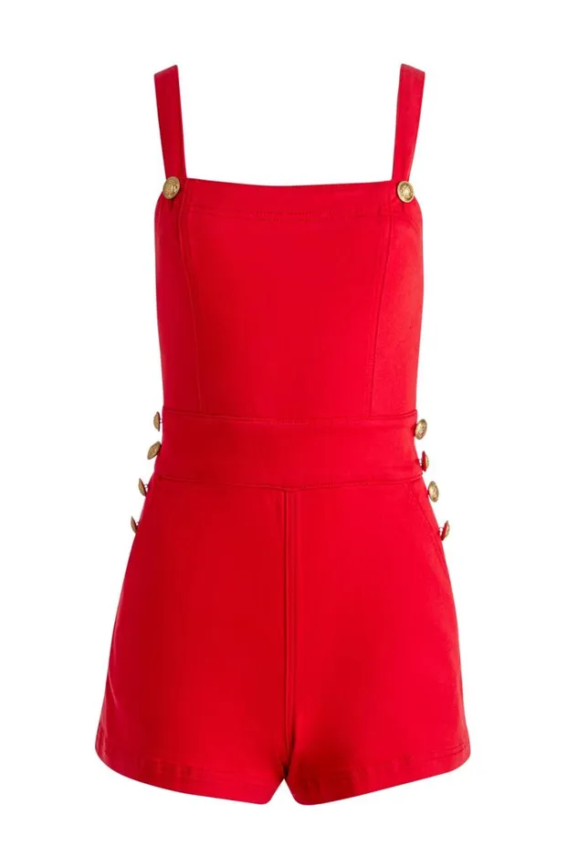 Alice Olivia Vita Denim Romper Bright Ruby Women Jumpsuits