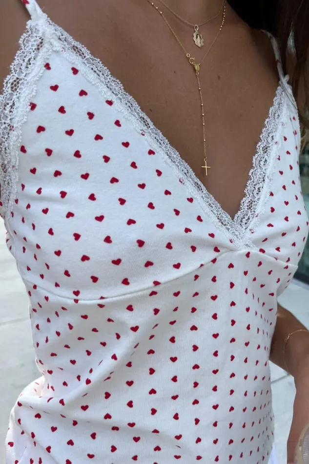 Amara Lace Hearts Tank White With Red Hearts Women Brandy Melville Tops