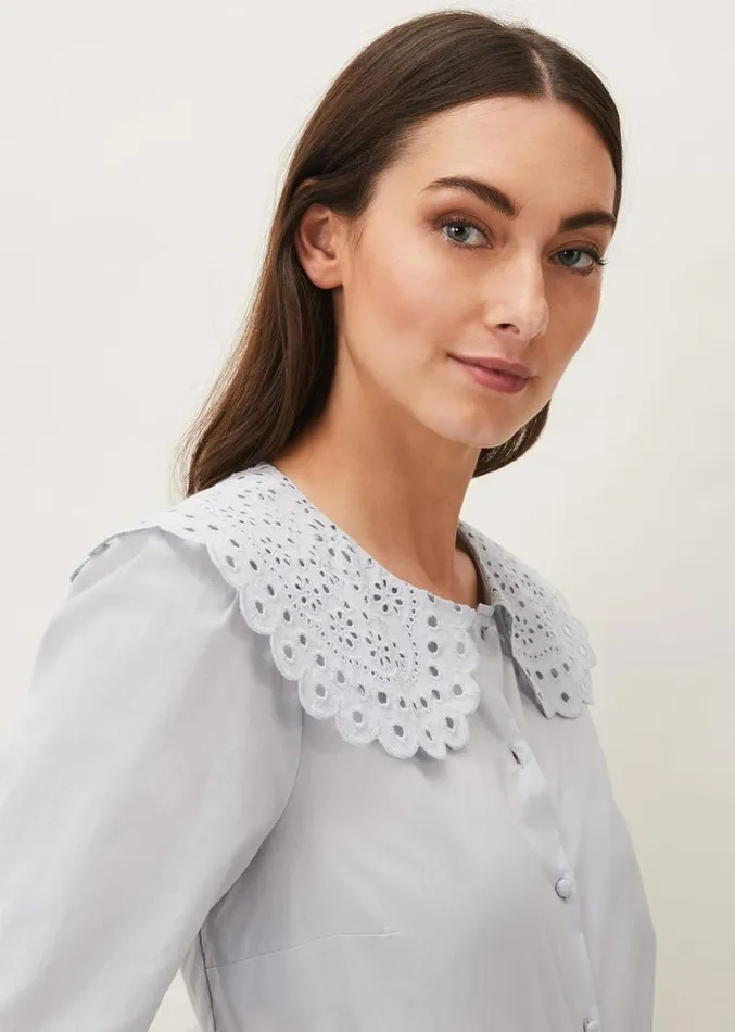 Amelia Oversized Embroidered Collar Blouse Soft Blue Women Phase Eight Shirts and Blouses