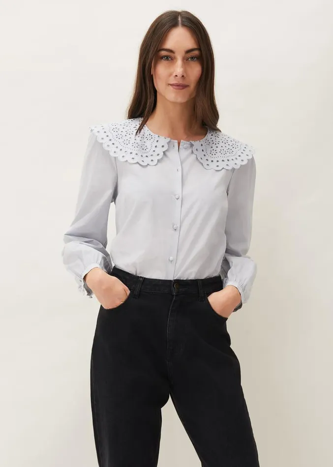 Amelia Oversized Embroidered Collar Blouse Soft Blue Women Phase Eight Shirts and Blouses