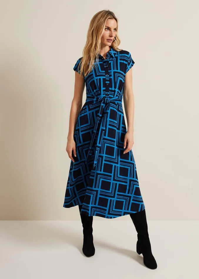 April Short Sleeve Geo Dress Blue Women Phase Eight Dresses