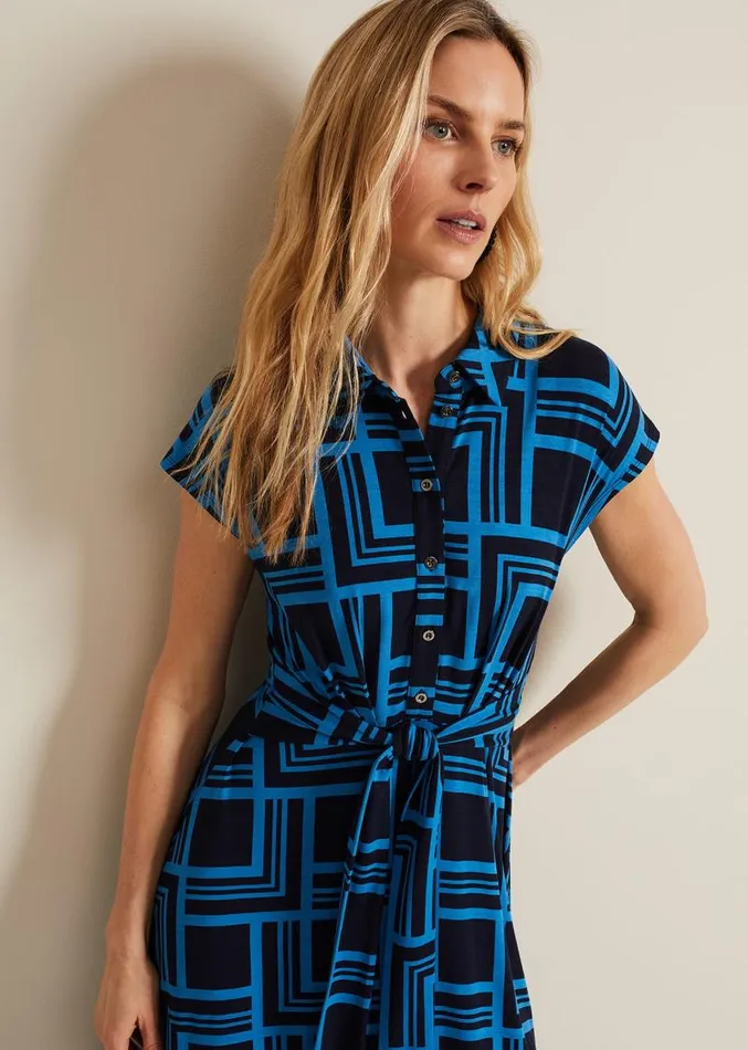 April Short Sleeve Geo Dress Blue Women Phase Eight Dresses