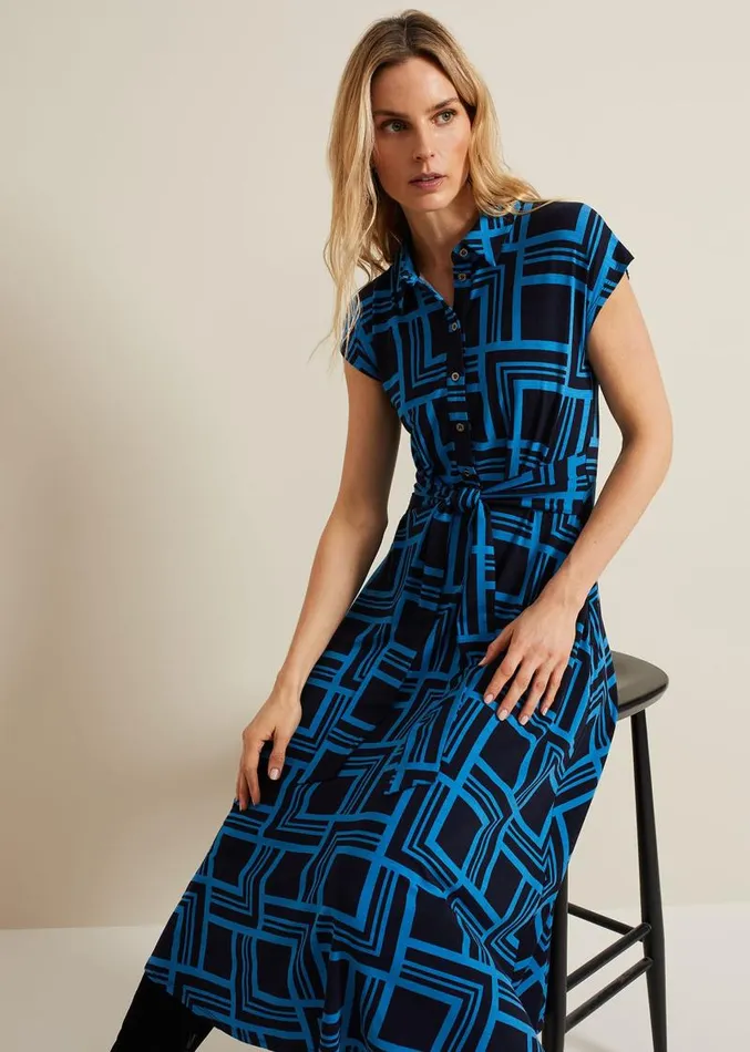 April Short Sleeve Geo Dress Blue Women Phase Eight Dresses