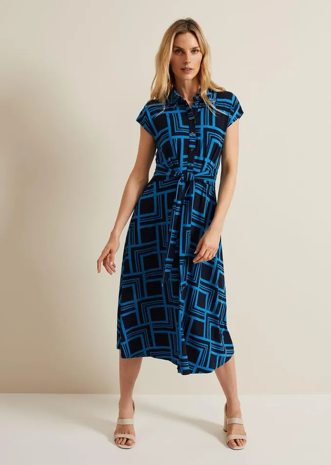 April Short Sleeve Geo Dress Blue Women Phase Eight Dresses