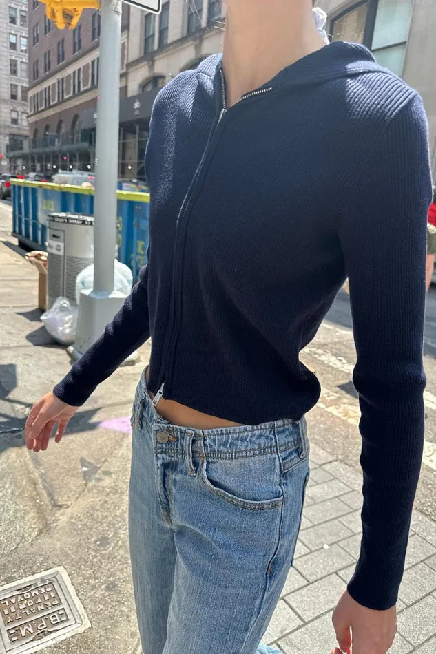 Arden Crop Hoodie Navy Blue Women Brandy Melville Sweatpants and Sweatshirts