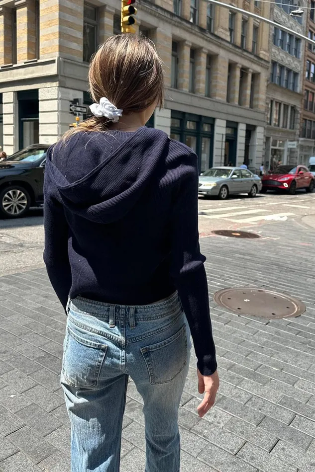 Arden Crop Hoodie Navy Blue Women Brandy Melville Sweatpants and Sweatshirts