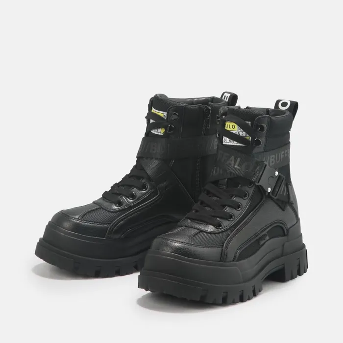 Aspha Com1 Laceup Mid Black Buffalo Boots and AnkleBoots