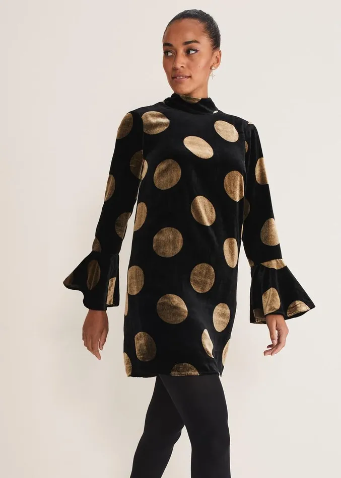 Aylin Spot Bell Sleeve Dress Blackgold Women Phase Eight Dresses