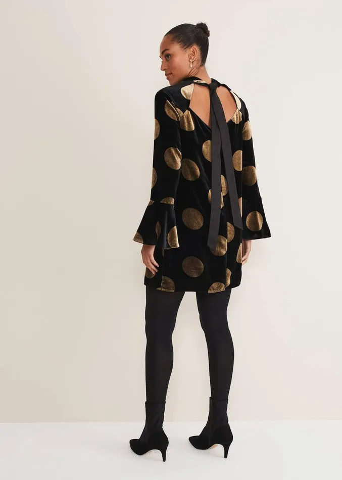 Aylin Spot Bell Sleeve Dress Blackgold Women Phase Eight Dresses