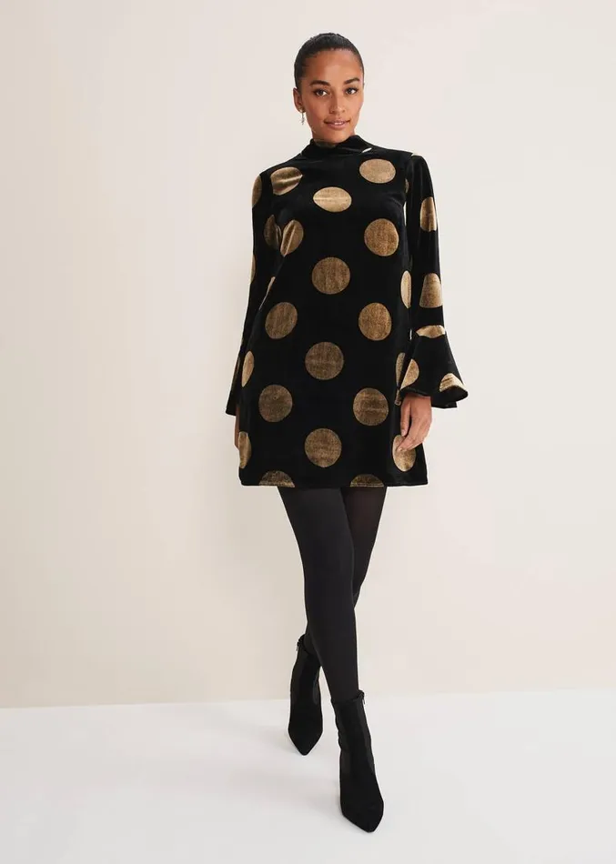 Aylin Spot Bell Sleeve Dress Blackgold Women Phase Eight Dresses