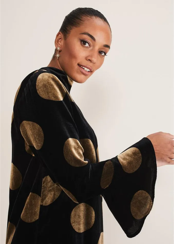 Aylin Spot Bell Sleeve Dress Blackgold Women Phase Eight Dresses