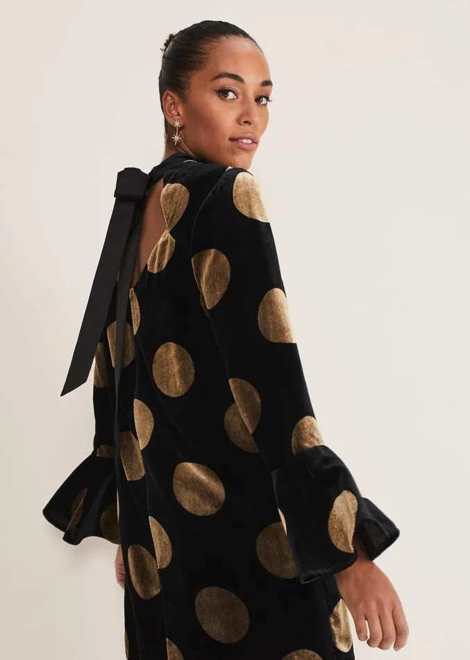 Aylin Spot Bell Sleeve Dress Blackgold Women Phase Eight Dresses