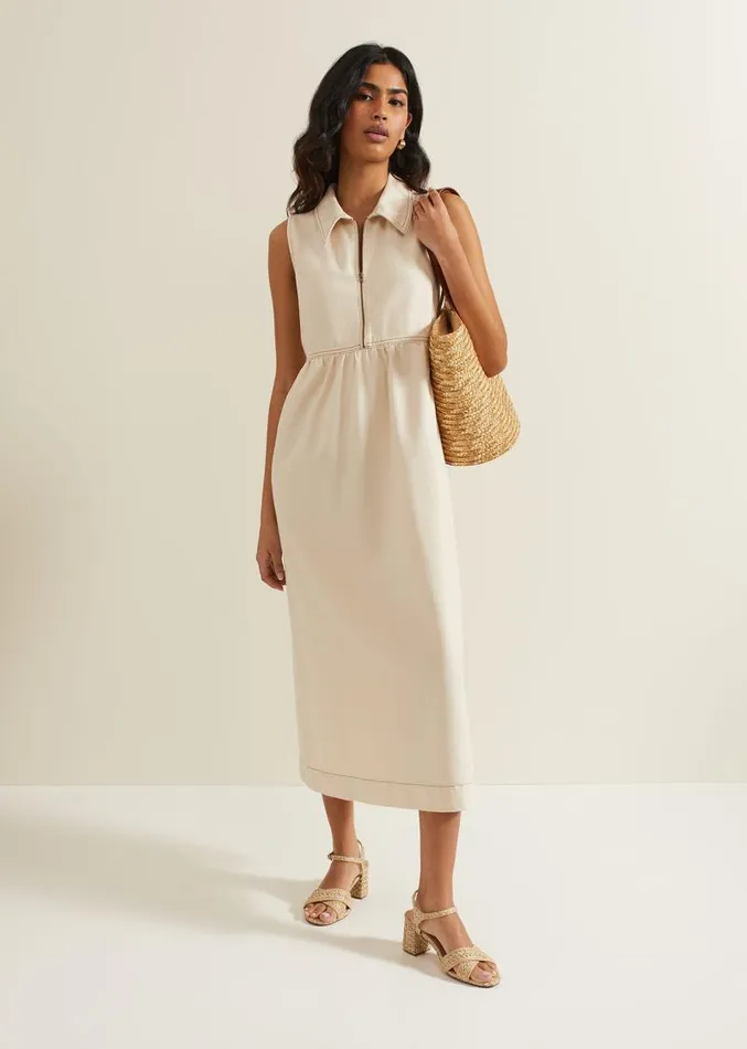 Blakely Zip Denim Midi Dress Cream Women Phase Eight Dresses