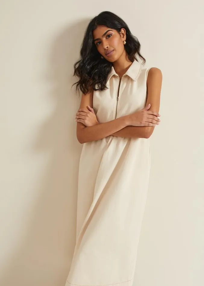 Blakely Zip Denim Midi Dress Cream Women Phase Eight Dresses