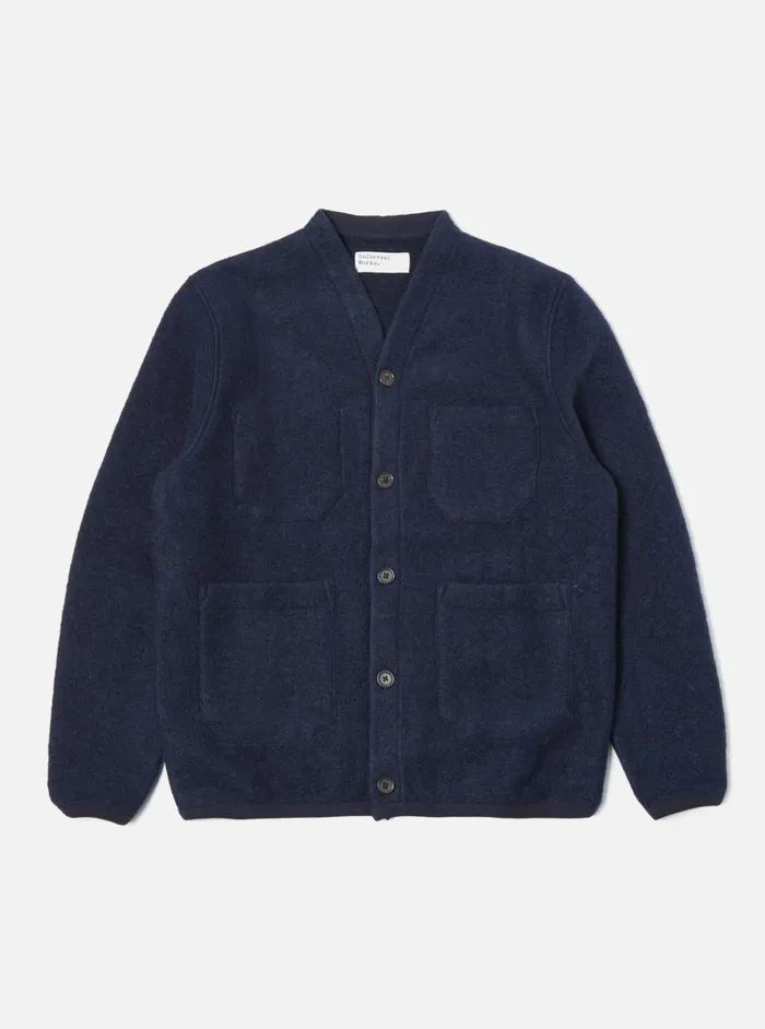 Cardigans Men Universal Works Universal Works Cardigan In Navy Wool Fleece