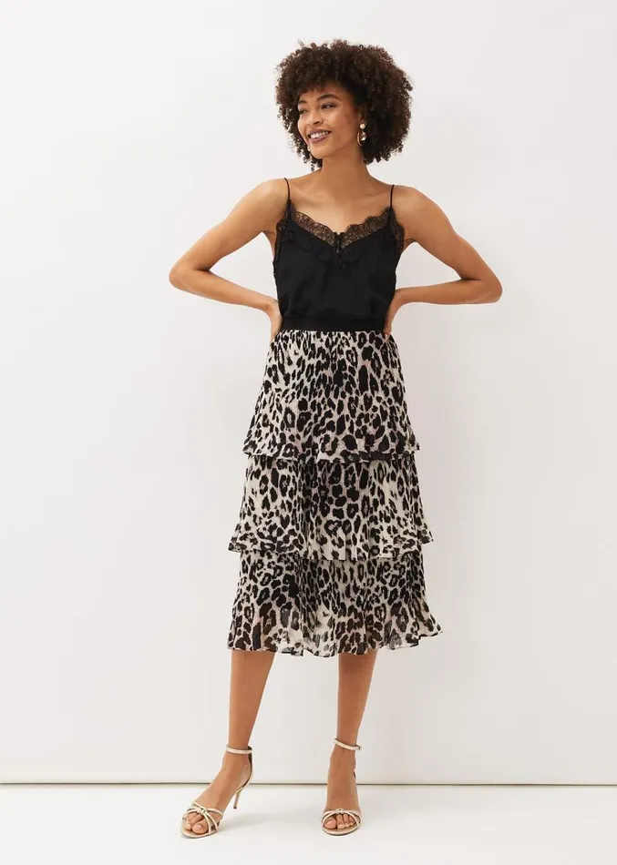 Chelsie Leopard Tiered Skirt Multicoloured Women Phase Eight Skirts