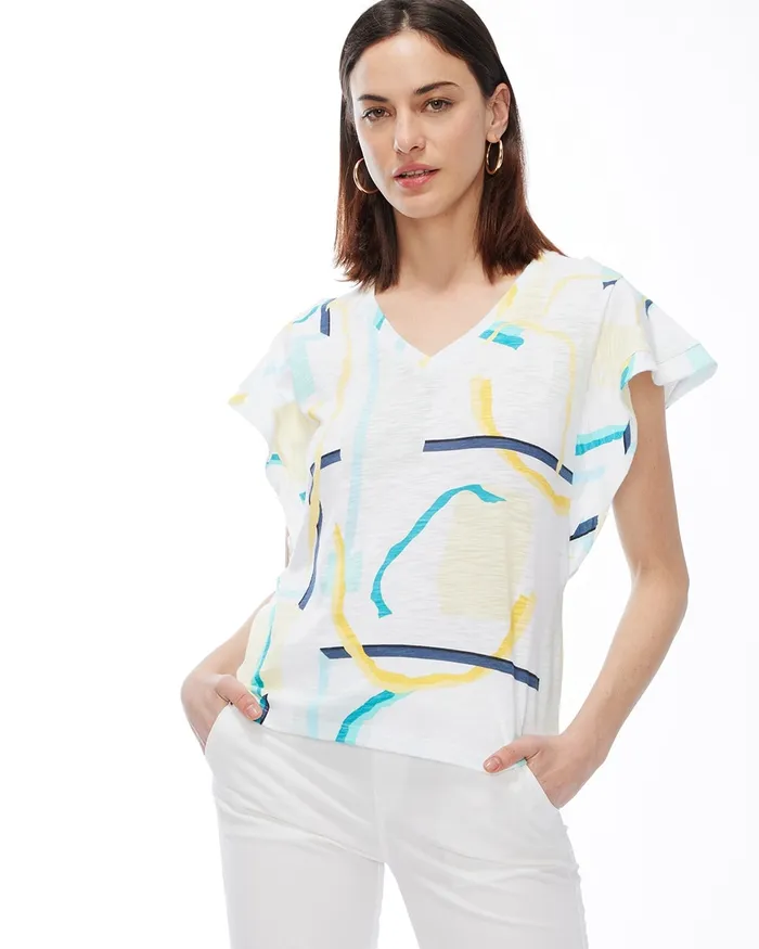 Chico039s Abstract Ruffle Sleeve Slub Tee Agua Azul Women Tees