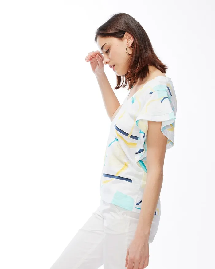 Chico039s Abstract Ruffle Sleeve Slub Tee Agua Azul Women Tees