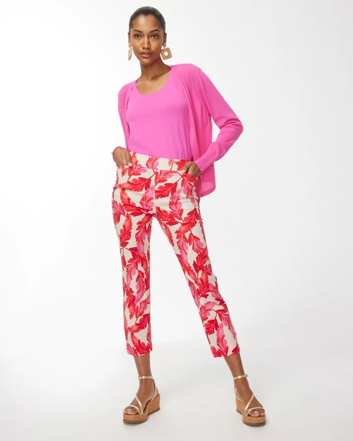 Chico039s Brigitte Feather Print Crops Flame ScarletNatural Tan Women Pants