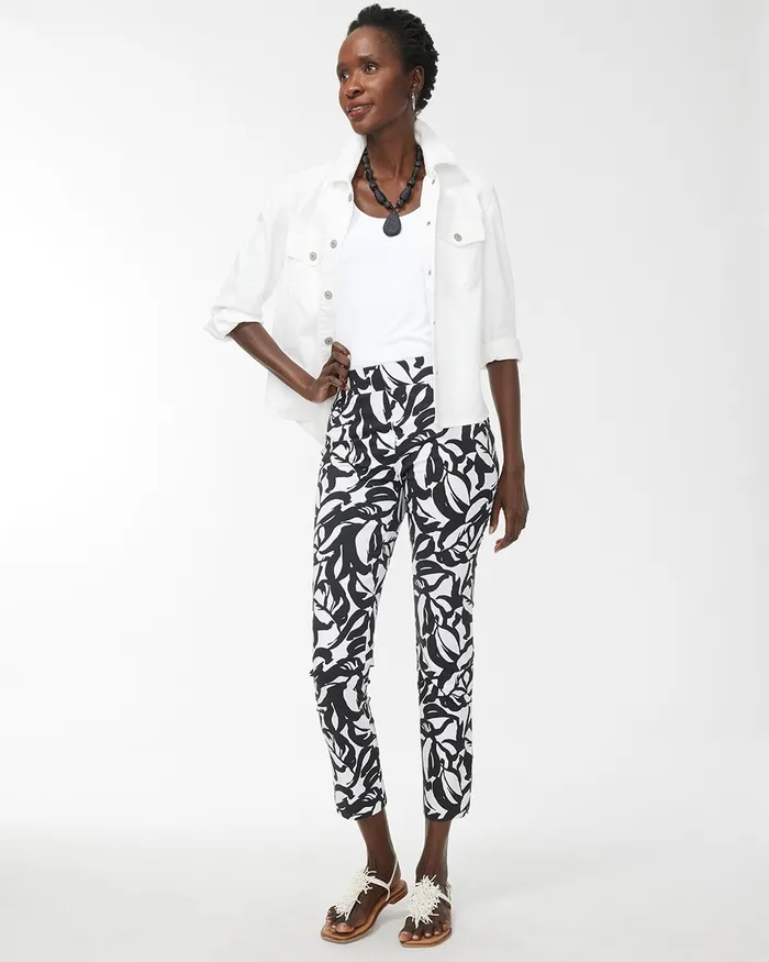 Chico039s Brigitte Leaf Print Slim Ankle Pants BlackAlabaster Women Matching Sets