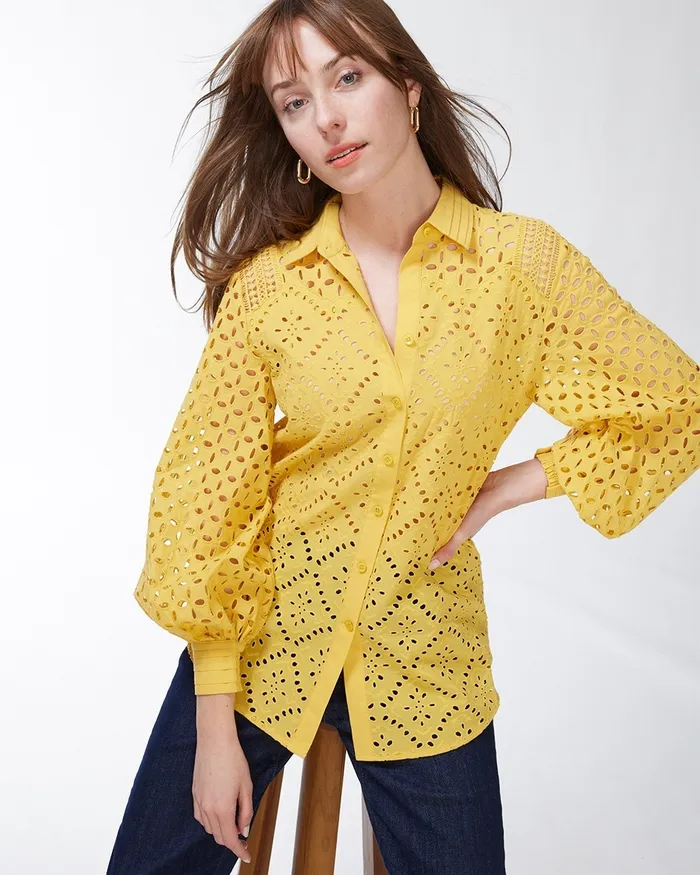Chico039s Eyelet Billow Sleeve Shirt Sol Yellow Women Tops