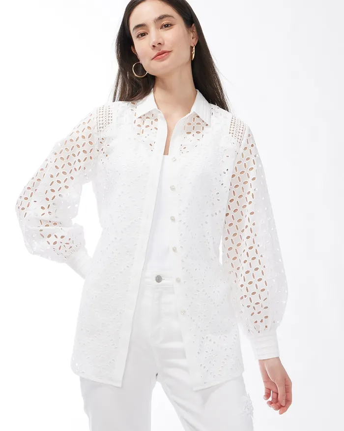 Chico039s Eyelet Billow Sleeve Shirt Sol Yellow Women Tops