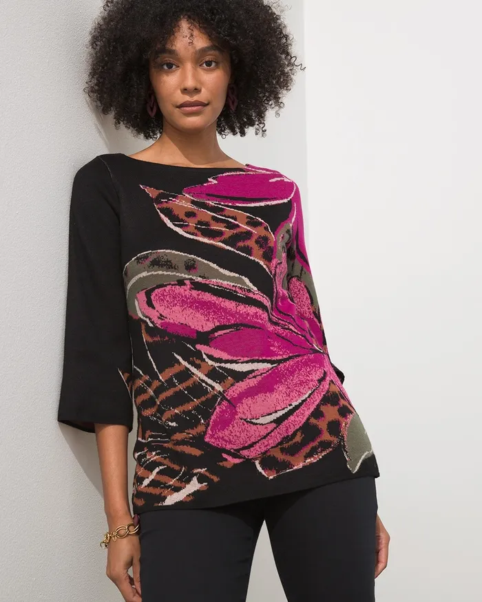 Chico039s Floral Jacquard Tunic Sweater Orchid Flower Women Sweaters