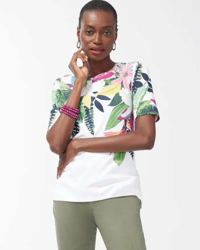 Chico039s Floral Print Cotton Crew Neck Tee Alabaster Women Tops