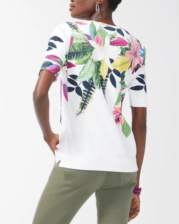Chico039s Floral Print Cotton Crew Neck Tee Alabaster Women Tops